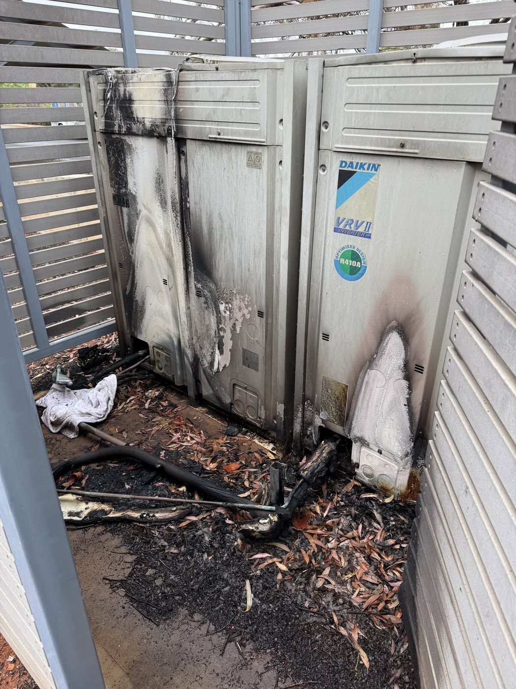 Fire damaged Daikin VRV outdoor units at the Rural Clinical School, Kalgoorlie
